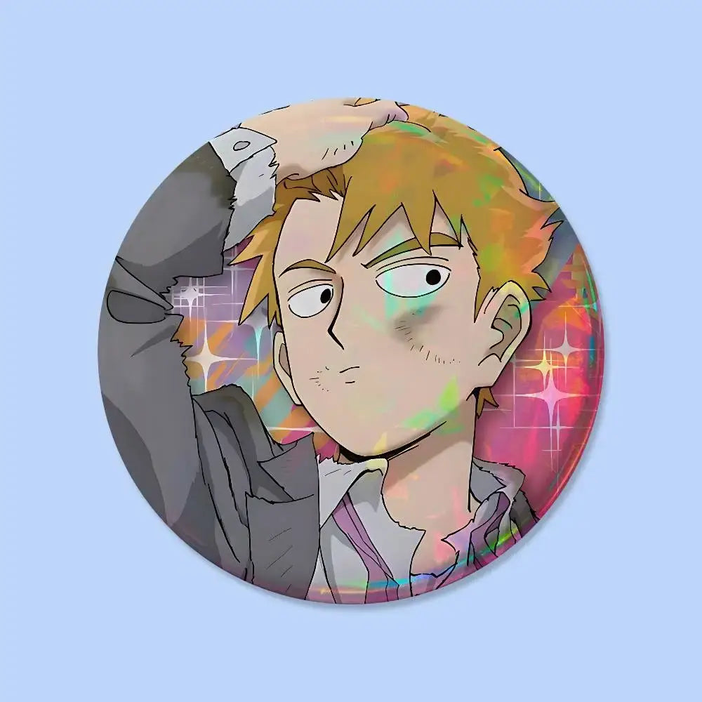 Circular mob psycho pin badge featuring an anime character with spiky blonde hair on a vibrant holographic background