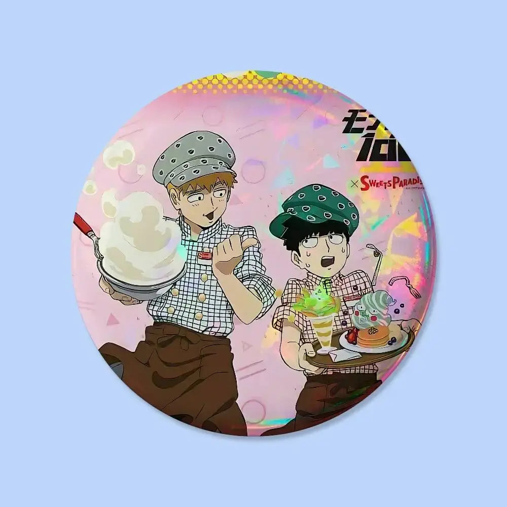 Mob psycho 100 pin badge round 25mm featuring two anime chefs on a pink holographic background with jujutsu kaisen branding
