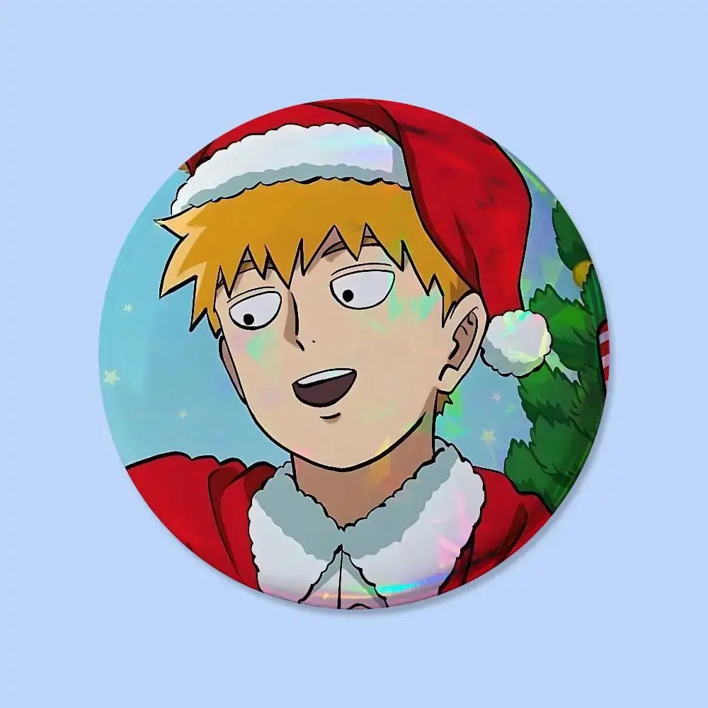 Mob psycho pin badge featuring a red and white santa hat with a blonde anime character in a round 25-75mm design