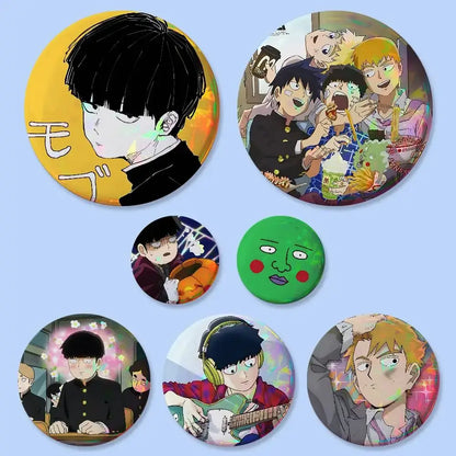 Set of round mob psycho anime pin badges featuring vibrant glossy illustrations in 25-75mm sizes