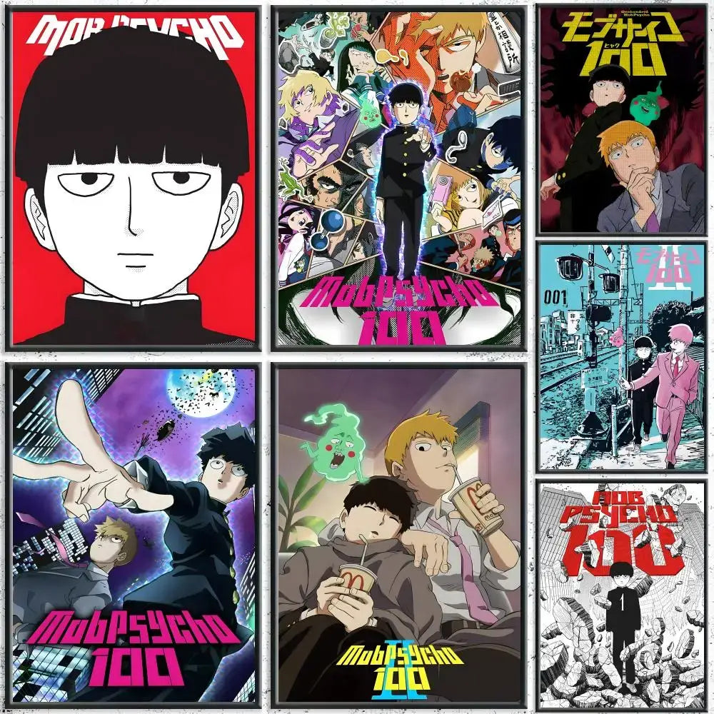 Collection of six mob psycho 100 anime posters with vibrant colors on hd waterproof self-adhesive surface