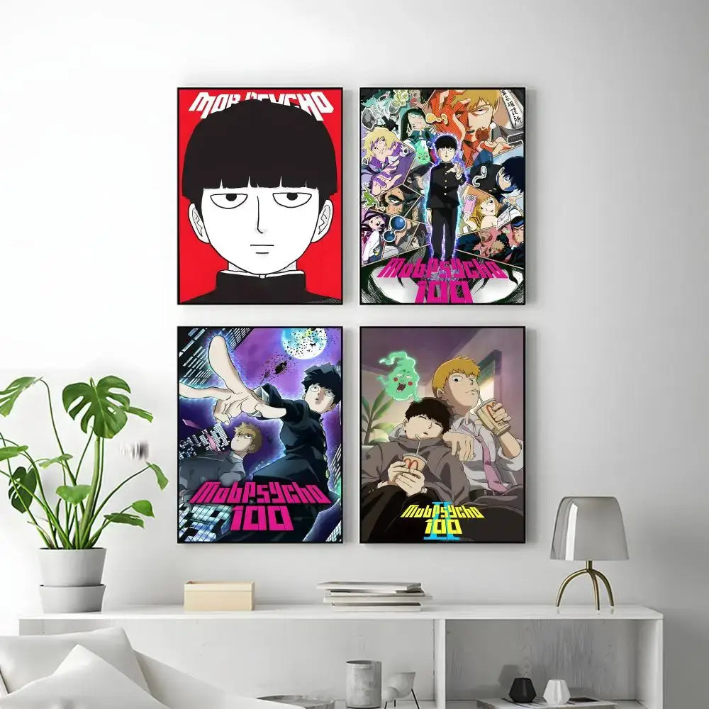 Four framed mob psycho 100 anime posters with vibrant artwork on a waterproof surface arranged in a grid on the wall
