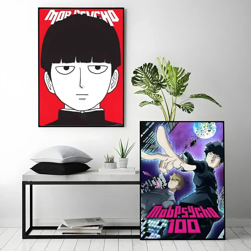 Mob psycho 100 poster featuring a stylized red and black design with a waterproof self-adhesive surface