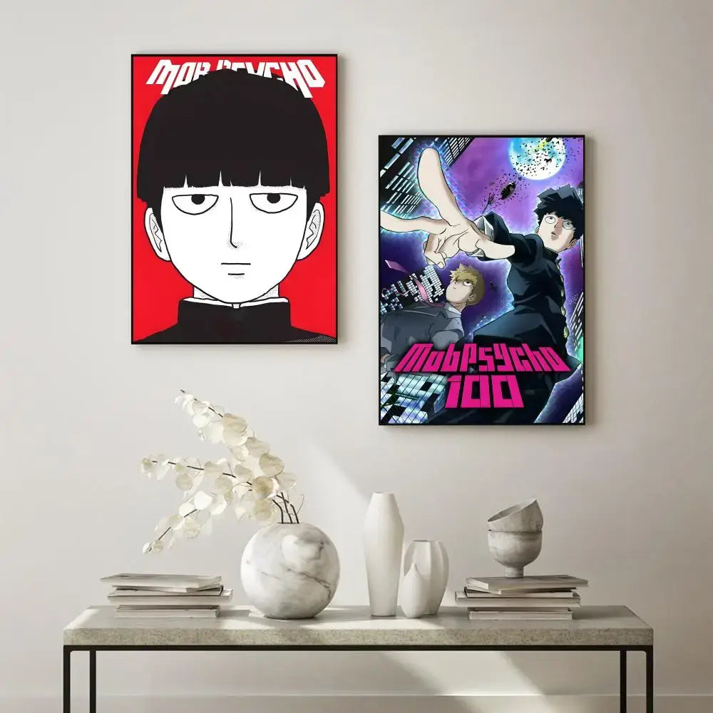 Mob psycho 100 poster in red and black with bold white text on a waterproof surface and self-adhesive backing