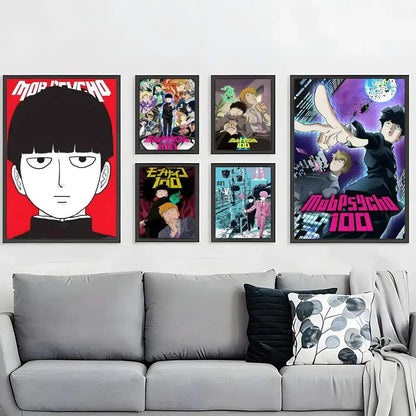 Set of six framed mob psycho 100 anime posters with waterproof surface and vibrant artwork displayed above gray sofa