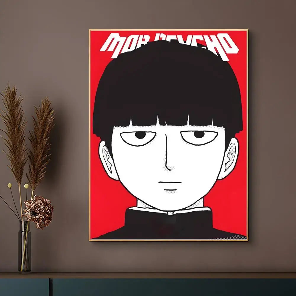 A bold red-framed mob psycho 100 poster with a black and white illustration on a waterproof surface