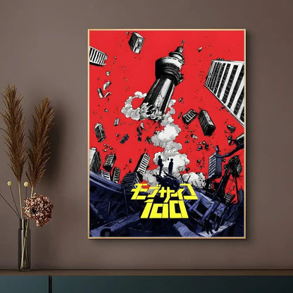 A mob psycho 100 poster with a stylized tokyo skytree explosion on a red background with waterproof surface