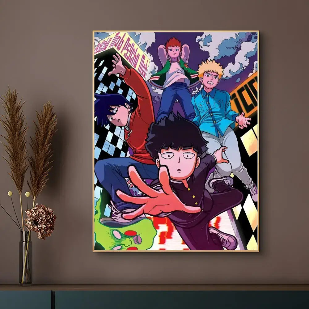 Vibrant mob psycho 100 poster with four characters in dynamic poses on a colorful waterproof surface design