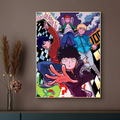 Vibrant mob psycho 100 poster with four characters in dynamic poses on a colorful waterproof surface design