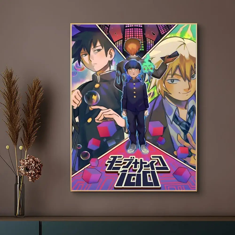 Vibrant mob psycho 100 poster with bold purple and pink hues framed in gold for waterproof surface application