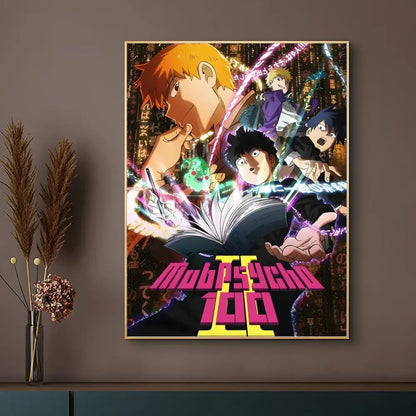 A framed mob psycho 100 poster with vibrant pink and yellow lettering on a hd waterproof self-adhesive surface