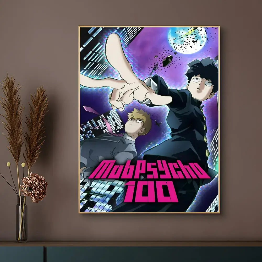 Vibrant pink and white mob psycho 100 poster with waterproof surface framed in gold for durable display