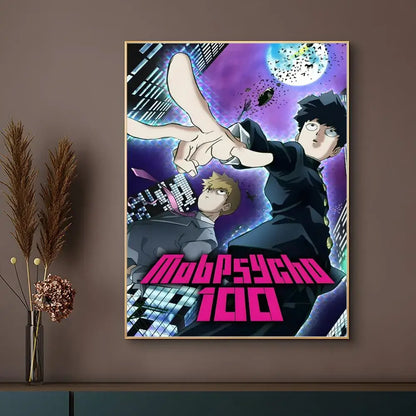 Vibrant pink and white mob psycho 100 poster with waterproof surface framed in gold for durable display