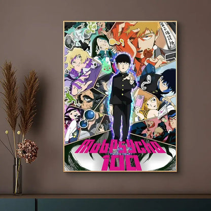 Mob psycho 100 poster with vibrant colors and bold pink lettering on a waterproof surface for easy self-adhesion
