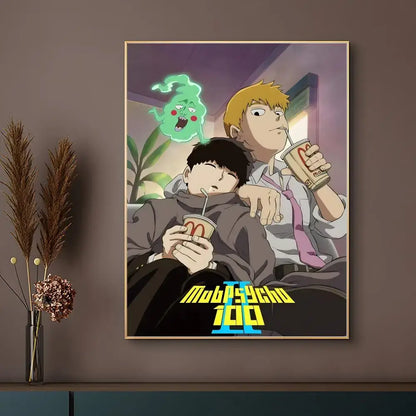 A framed mob psycho 100 poster with two characters and a green ghost on a waterproof self-adhesive surface