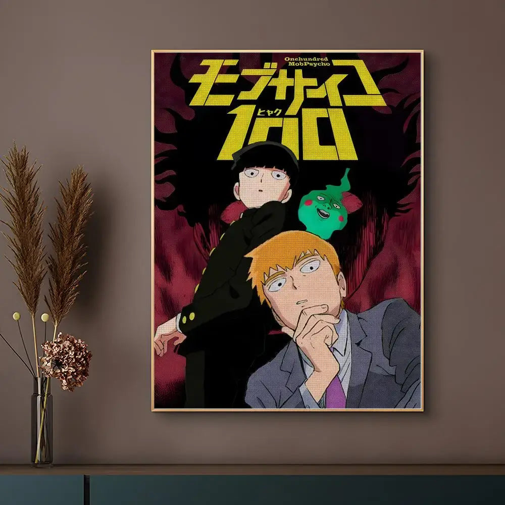 A framed mob psycho 100 poster with bold yellow text and two characters on a dark red waterproof surface