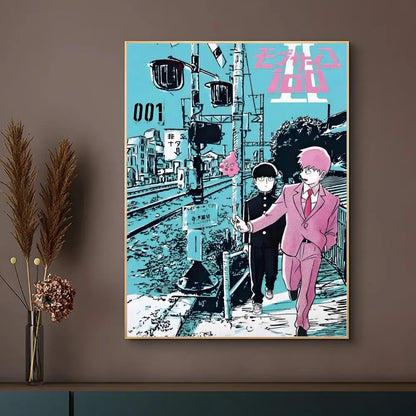 A framed mob psycho 100 poster with teal and pink characters on a train platform on a waterproof surface