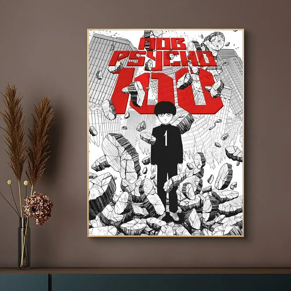 Black-and-white illustrated mob psycho 100 poster with bold red title framed in light wood on waterproof surface