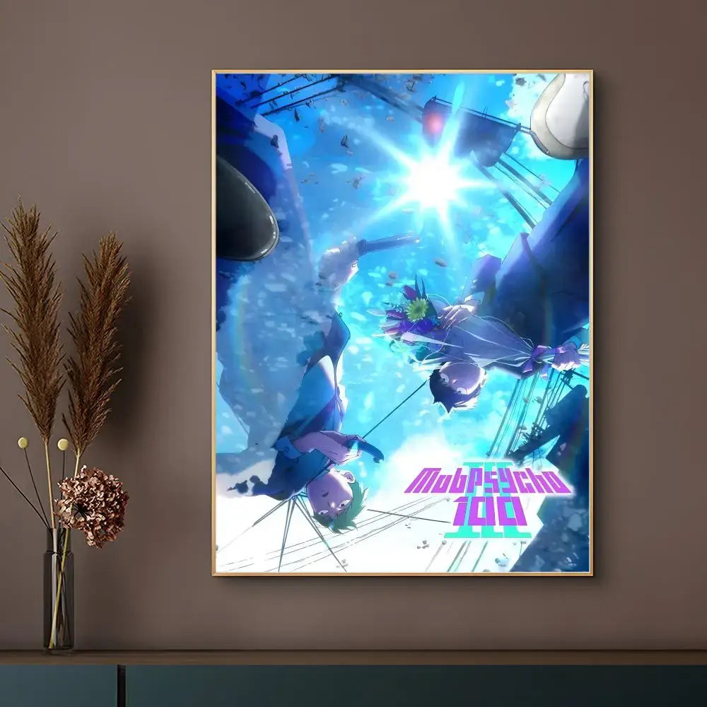 Mob psycho 100 poster with vibrant blue anime scene printed on hd waterproof self-adhesive surface for easy use