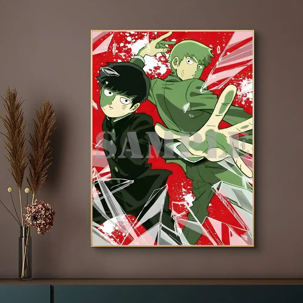 Mob psycho 100 poster with vibrant red and green anime design on a waterproof self-adhesive surface with shattered glass background