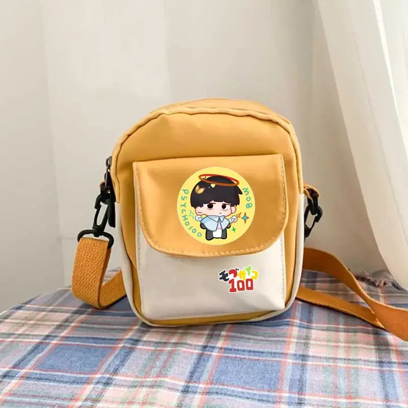 Yellow and white reigen arataka canvas crossbody bag with cartoon patch on front flap large capacity arataka canvas crossbody