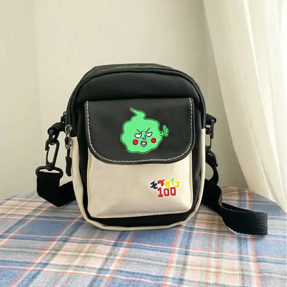 Black and beige crossbody bag featuring a green cartoon character on the flap in mob psycho 100 reigen arataka canvas design