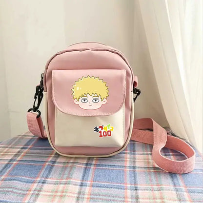 Pink and cream mob psycho 100 reigen arataka canvas crossbody bag with spiky blonde cartoon character on front flap