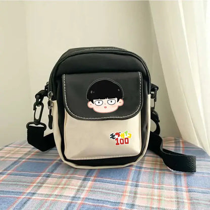 Black and beige reigen arataka canvas crossbody bag with cartoon design on front flap large capacity arataka canvas crossbody