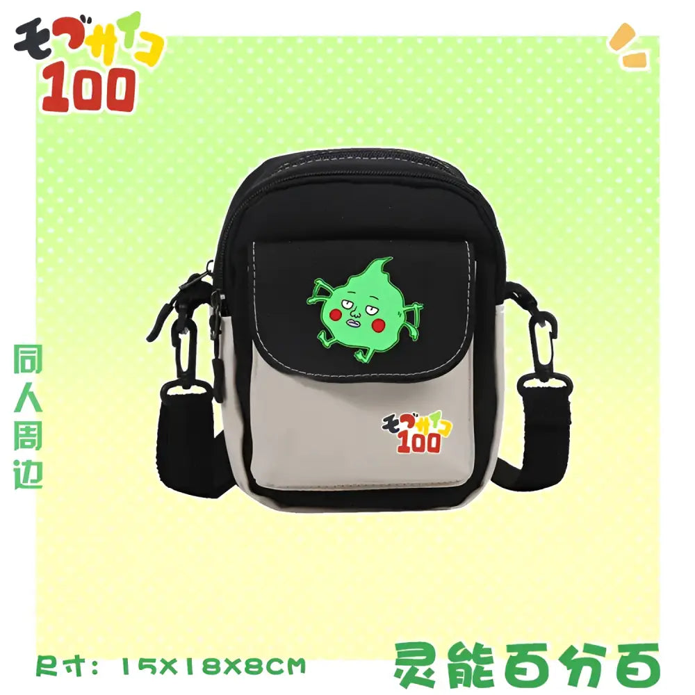 Black and gray reigen arataka canvas crossbody bag with green cartoon character and mob psycho 100 branding on front flap