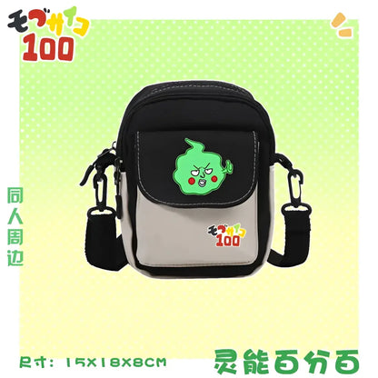 Black and gray reigen arataka canvas crossbody bag featuring a green cartoon character and large capacity design