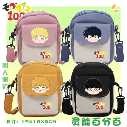 Mob psycho 100 reigen arataka canvas crossbody bag with large capacity in pink blue yellow and black featuring cartoon faces