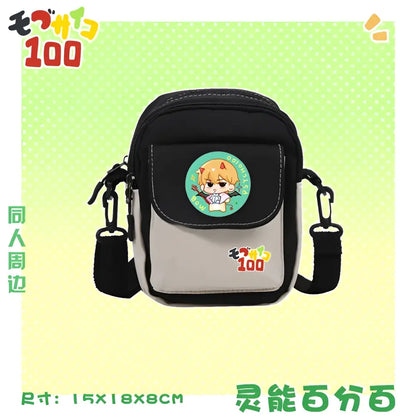 Black and gray reigen arataka canvas crossbody bag with orange hair character patch and mogu gaku 100 logo