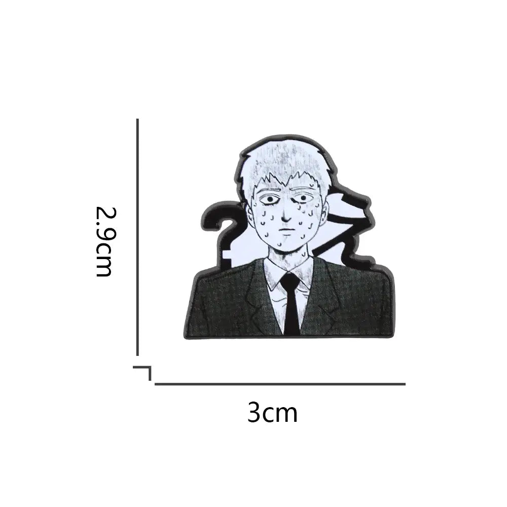 Black and white enamel lapel pin featuring reigen arataka in a suit with sweat droplets from mob psycho 100