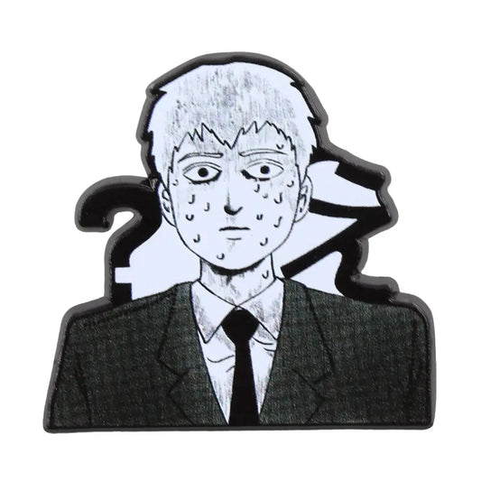 Black and white enamel mob psycho 100 reigen arataka lapel pin featuring cartoon man with sweat drops on question mark background