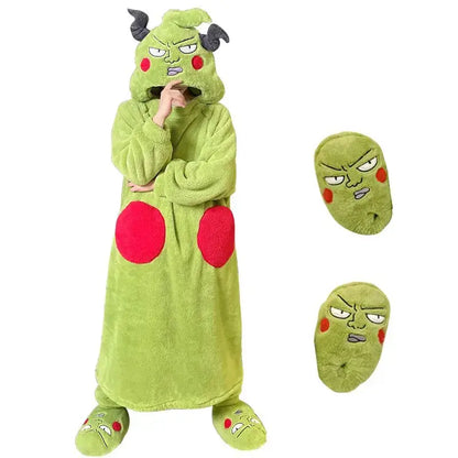 Green plush mob psycho 100 reigen arataka pajama set with red patches and black horned hood for warm homewear