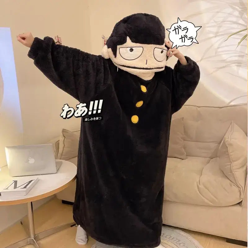 Black plush robe with cartoon face and yellow buttons from mob psycho 100 reigen arataka pajama set for warm homewear