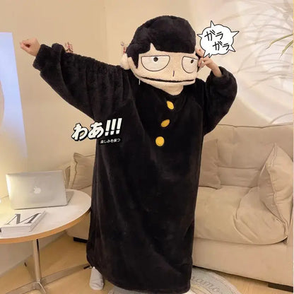 Black plush robe with cartoon face and yellow buttons from mob psycho 100 reigen arataka pajama set for warm homewear