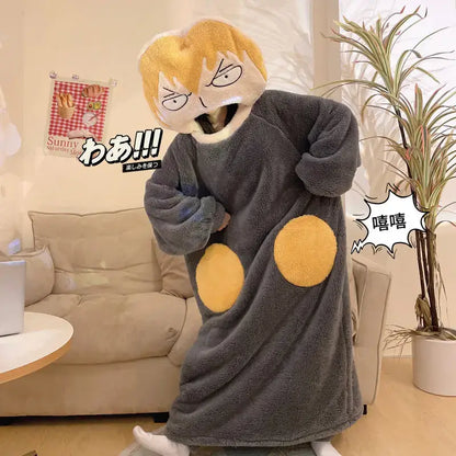 Gray plush robe with yellow circular patches featuring cartoon head design in mob psycho 100 reigen arataka pajama set