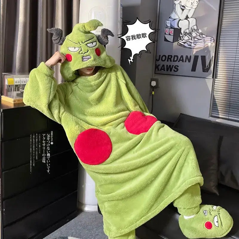 Lime green plush monster-themed reigen arataka pajama set with red patches and matching footies for cozy homewear