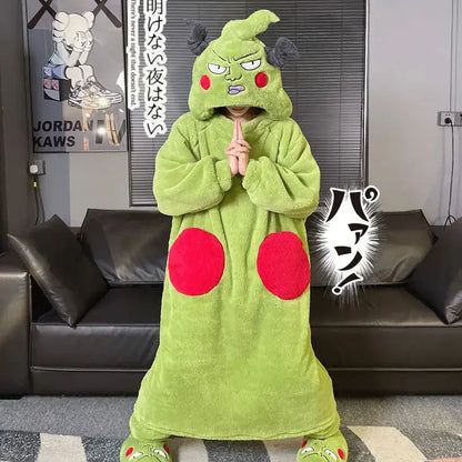 Green plush monster-themed reigen arataka pajama set with red belly patches and black fuzzy horns for warm homewear