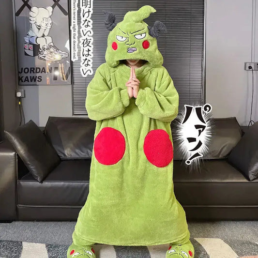 Green plush monster-themed reigen arataka pajama set with red belly patches and black fuzzy horns for warm homewear