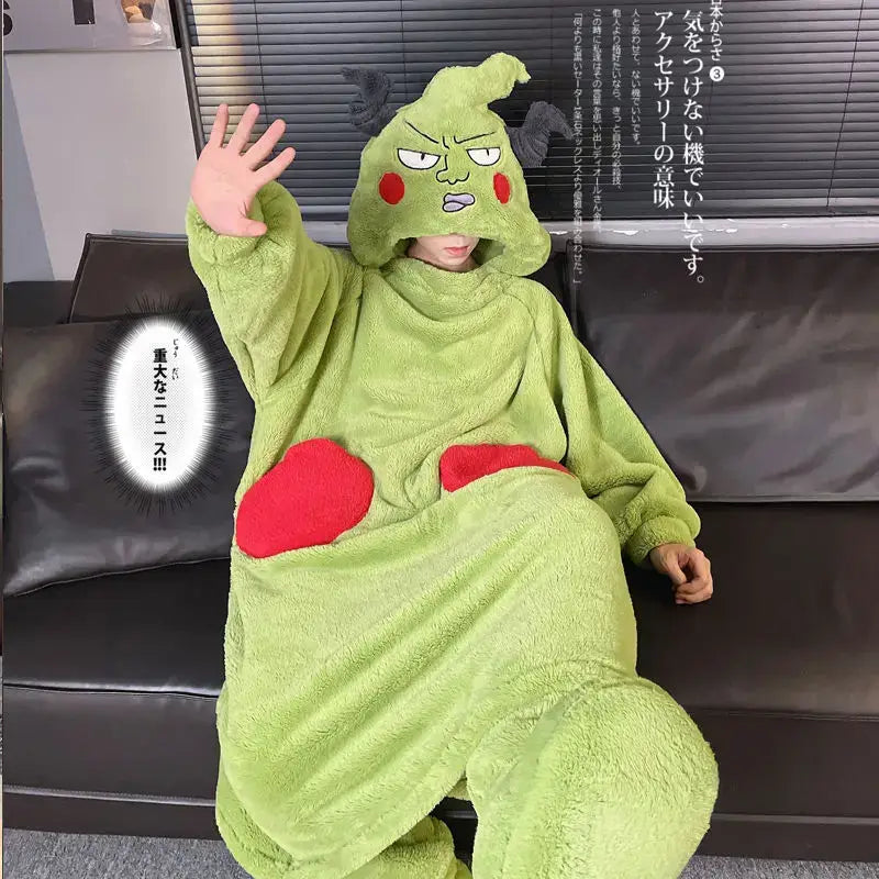A plush lime-green hooded reigen arataka pajama set with red side patches and a cartoon face design for warm homewear