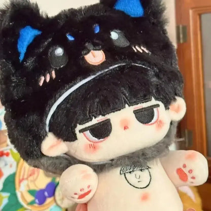 Mob psycho 100 reigen arataka cosplay plush doll with black fur blue cat ears embroidered eyes and paw-print arms