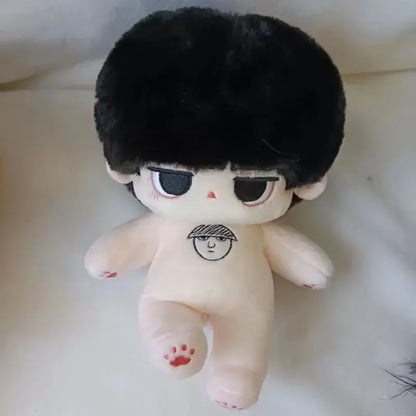 Cute beige plush doll with black fluffy hair and chest tattoo styled face from mob psycho reigen arataka cosplay plush
