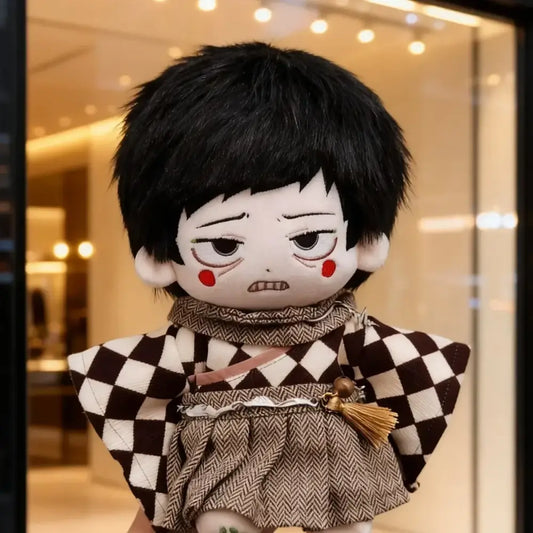 Mob psycho 100 reigen arataka plush doll 20cm cotton with black hair red cheeks and brown checkered outfit