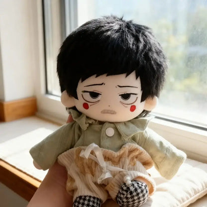 Mob psycho 100 reigen arataka plush doll 20cm cotton with black hair red cheeks and olive green jacket