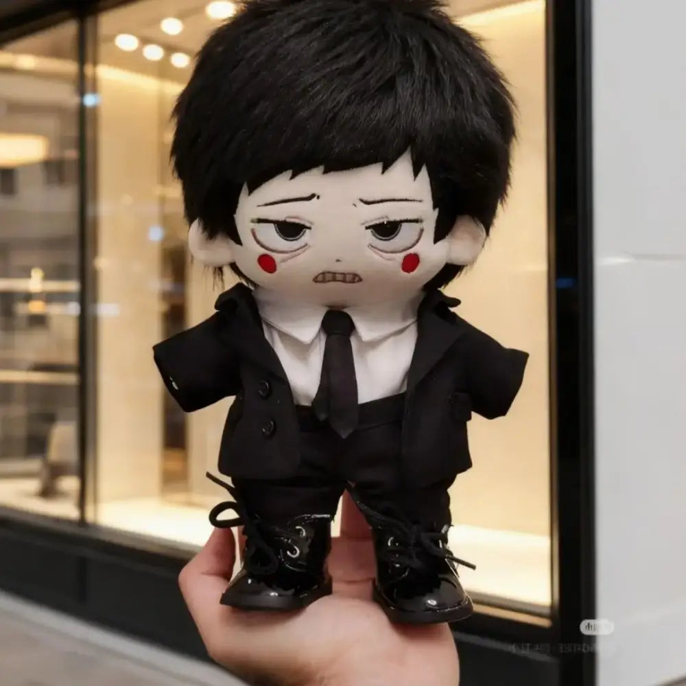 Black-haired reigen arataka plush doll from mob psycho 100 dressed in black suit with white shirt made of 20cm cotton