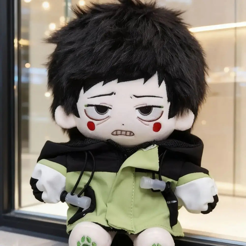 Mob psycho 100 reigen arataka plush doll with black hair in green and black jacket made of 20cm cotton material