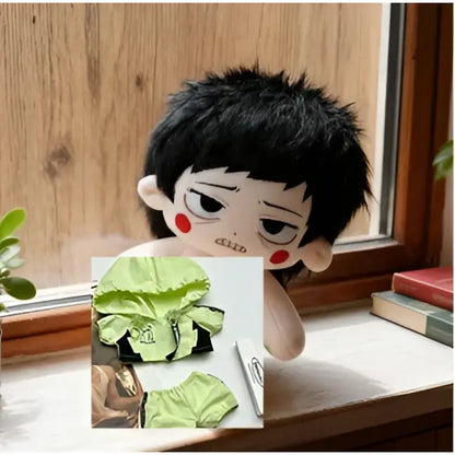 Black-haired reigen arataka plush doll with red cheeks and stylized face made of 20cm cotton from mob psycho 100