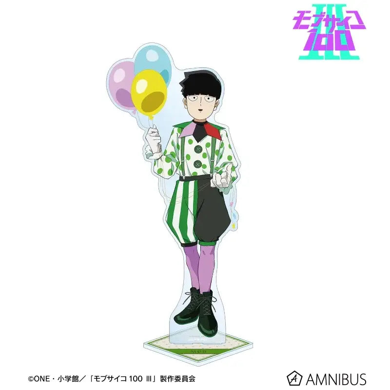 Mob psycho shigeo acrylic stand featuring a clear acrylic cartoon character with colorful balloons and striped pants